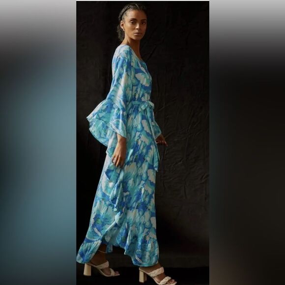 Anthropologie Bel Kazan Floral Kaftan OS Elegant Vacation Boho Tropical Vibes